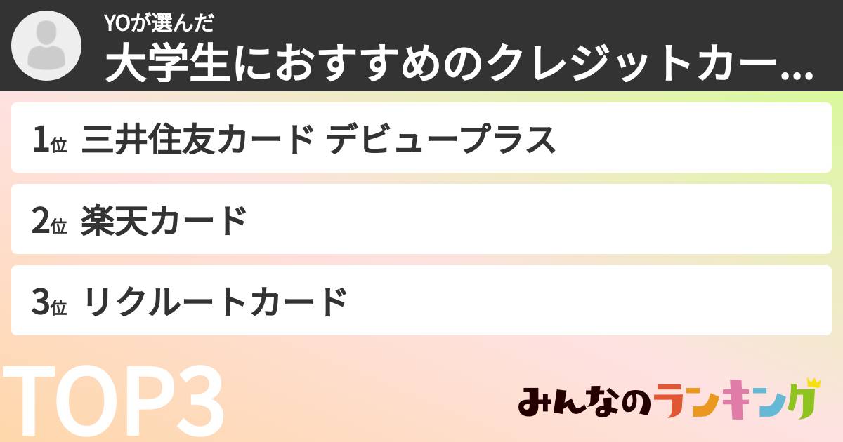 YOさんの「大学生におすすめのクレジットカードランキング」