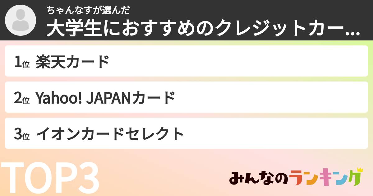 ちゃんなすさんの「大学生におすすめのクレジットカードランキング」