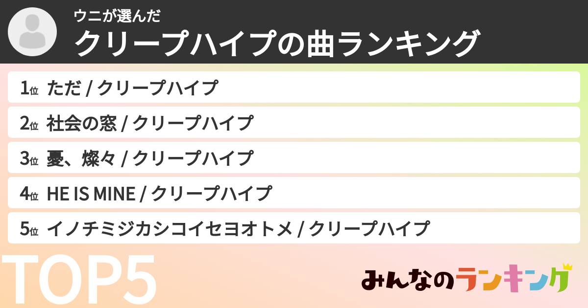 ウニさんの「クリープハイプの曲ランキング」