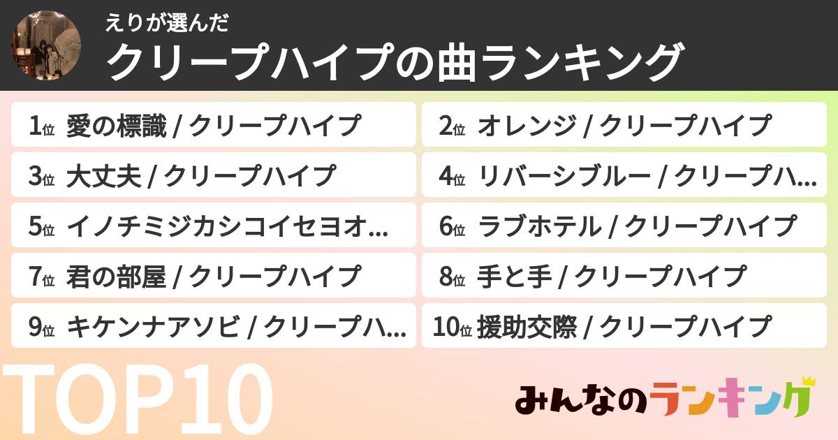 えりさんの「クリープハイプの曲ランキング」