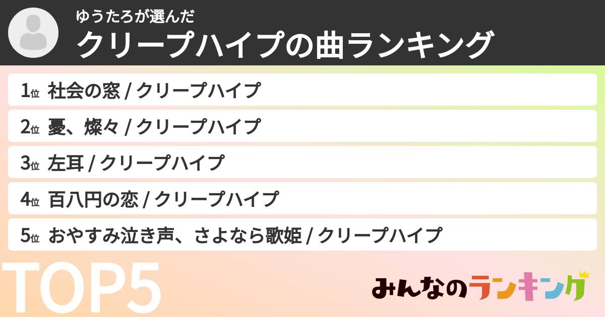 ゆうたろさんの「クリープハイプの曲ランキング」