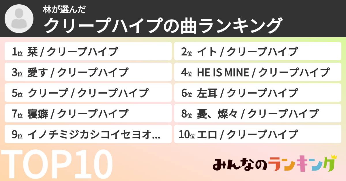 林さんの「クリープハイプの曲ランキング」