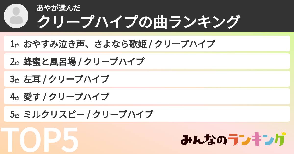あやさんの「クリープハイプの曲ランキング」