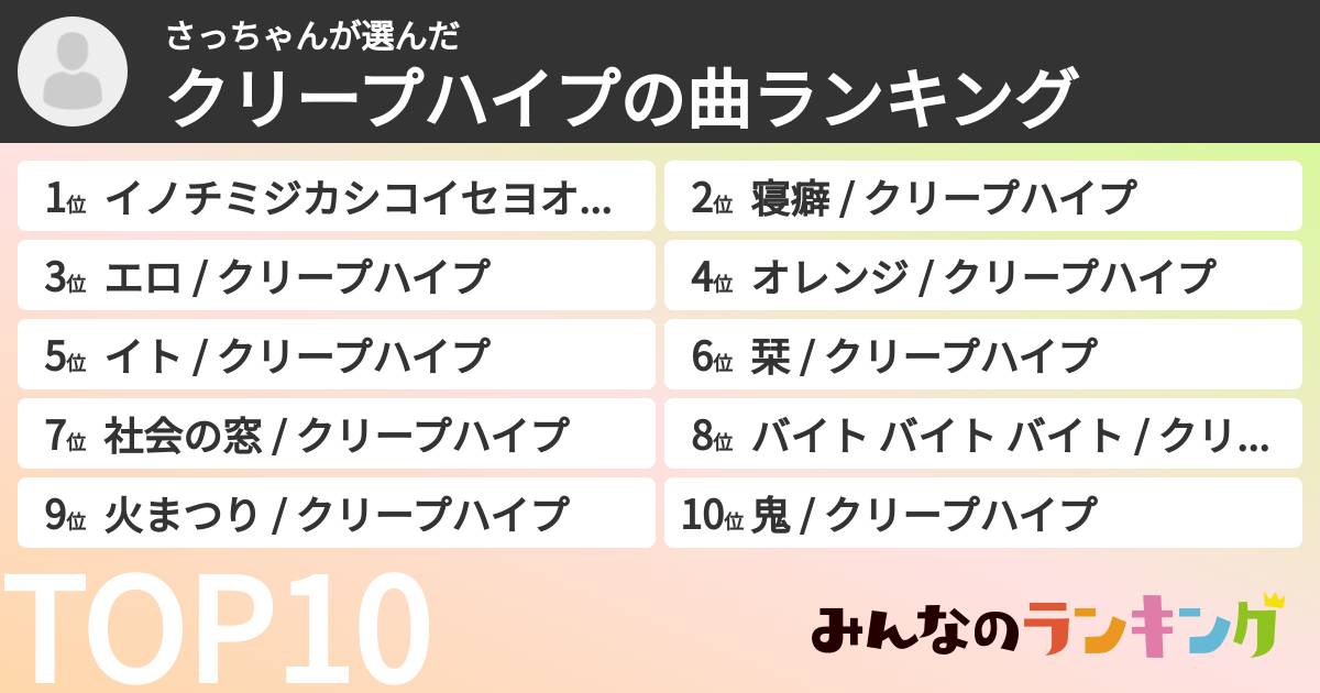 さっちゃんさんの「クリープハイプの曲ランキング」