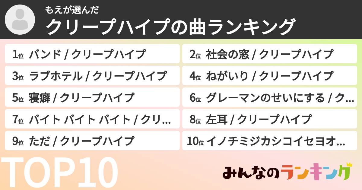 もえさんの「クリープハイプの曲ランキング」