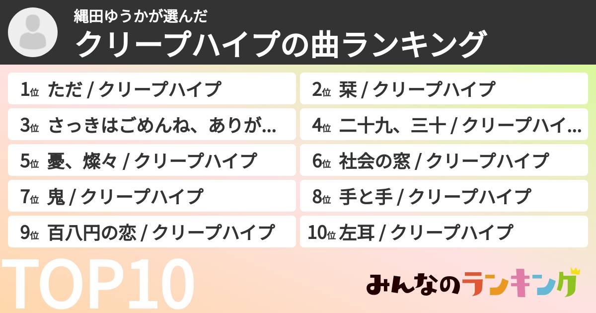 縄田ゆうかさんの「クリープハイプの曲ランキング」
