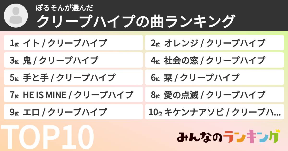 ぽるそんさんの「クリープハイプの曲ランキング」