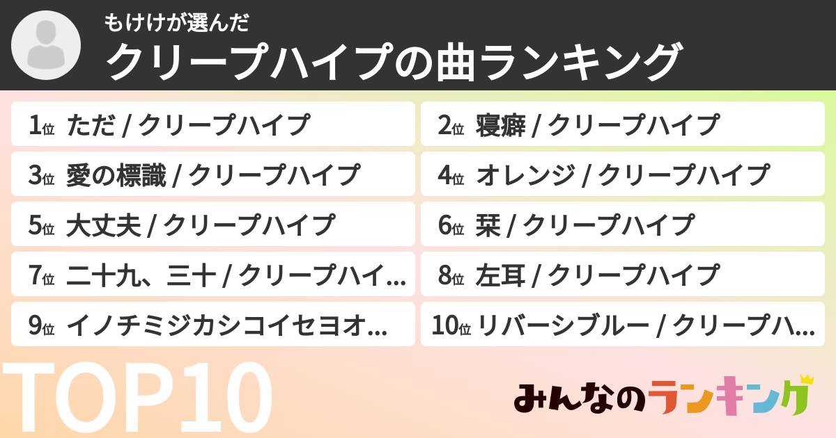 もけけさんの「クリープハイプの曲ランキング」