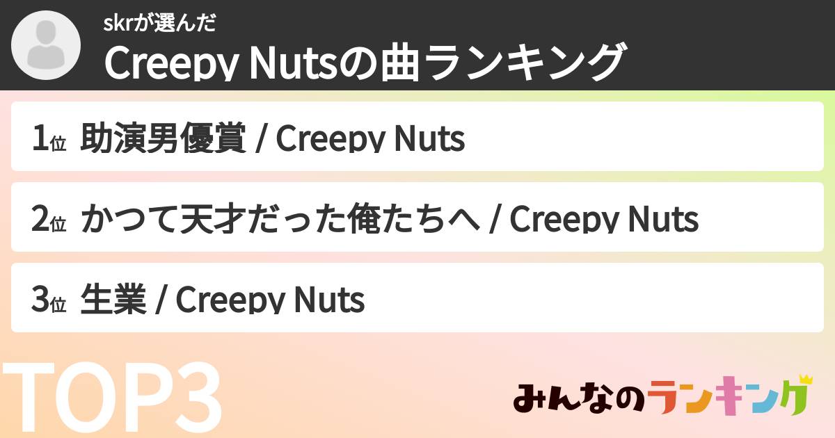 skrさんの「Creepy Nutsの曲ランキング」