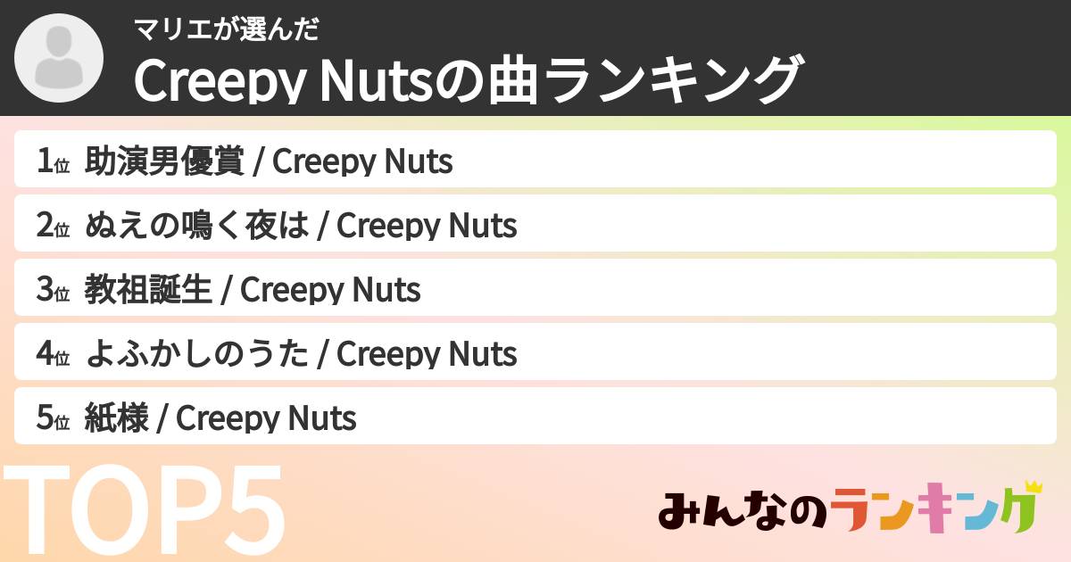 マリエさんの「Creepy Nutsの曲ランキング」