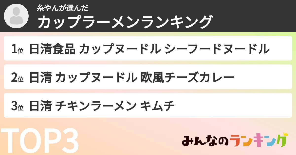 糸やんさんの「カップ麺・カップラーメンランキング」