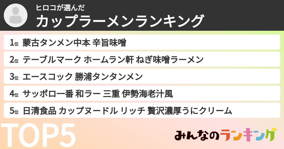ヒロコさんの「カップ麺・カップラーメンランキング」