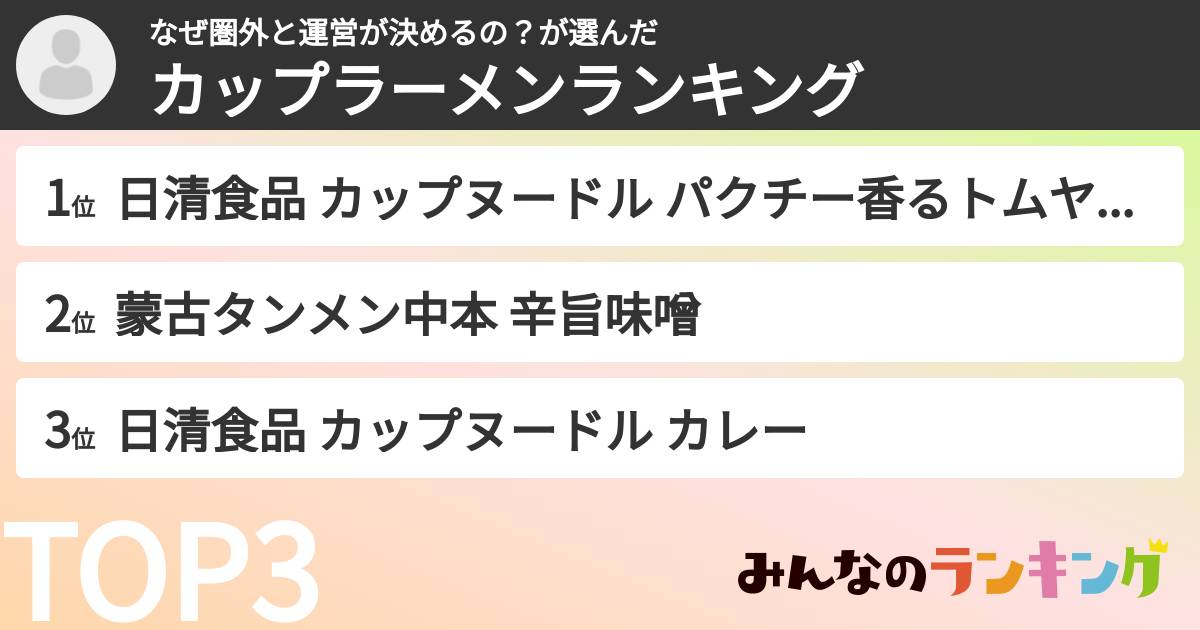 なぜ圏外と運営が決めるの？さんの「カップ麺・カップラーメンランキング」