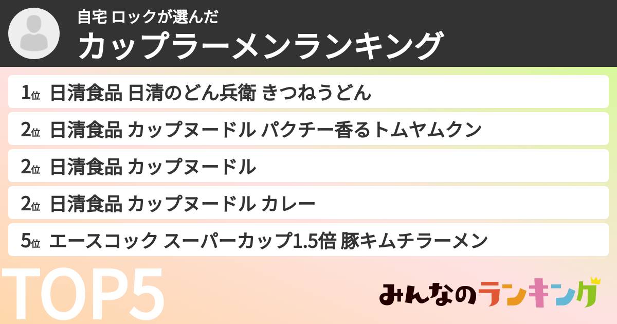 自宅 ロックさんの「カップ麺・カップラーメンランキング」