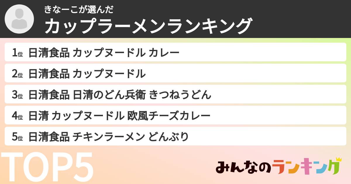 きなーこさんの「カップ麺・カップラーメンランキング」