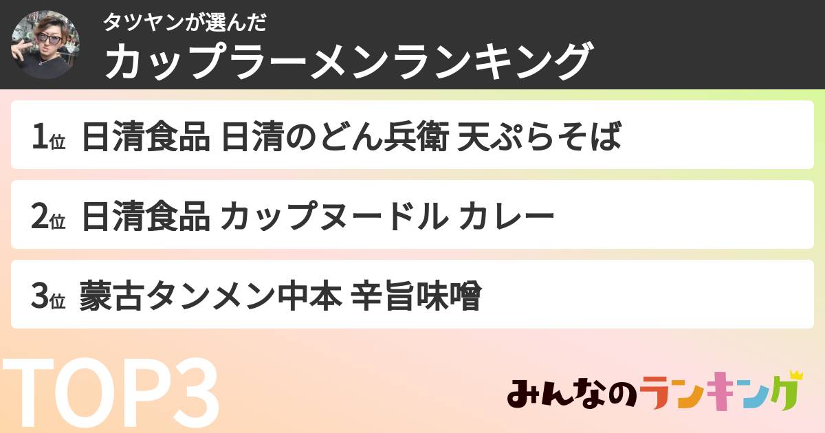 タツヤンさんの「カップ麺・カップラーメンランキング」
