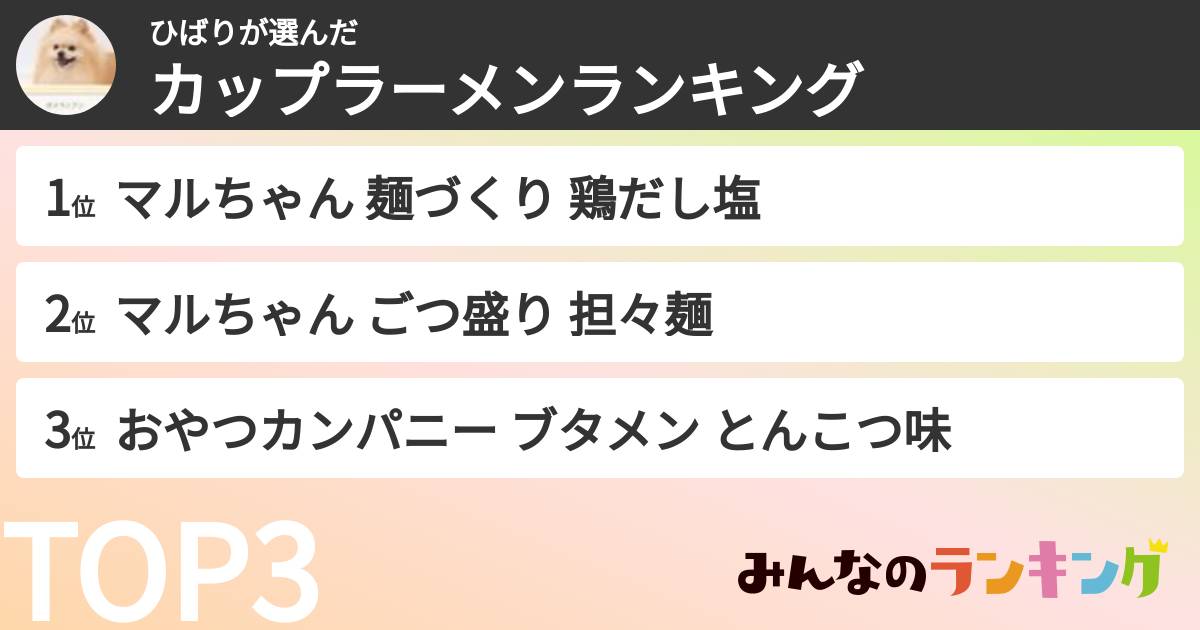 ひばりさんの「カップ麺・カップラーメンランキング」