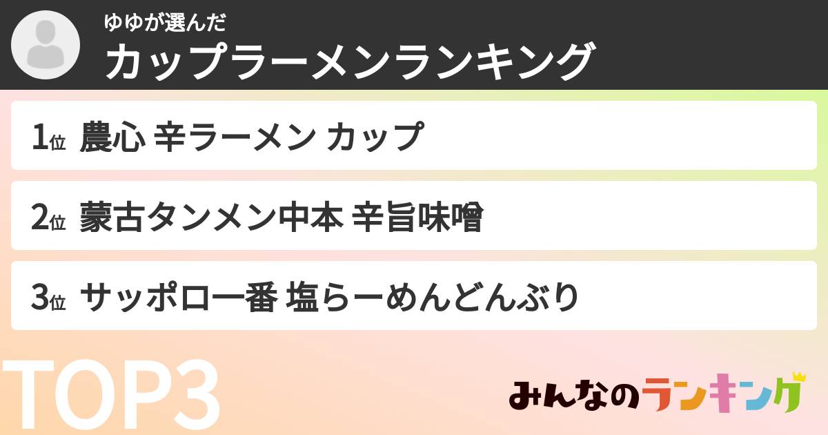 ゆゆさんの「カップ麺・カップラーメンランキング」