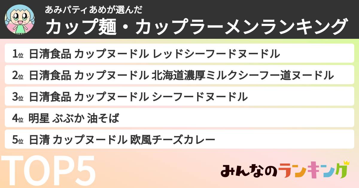 あみパティあめさんの「カップ麺・カップラーメンランキング」