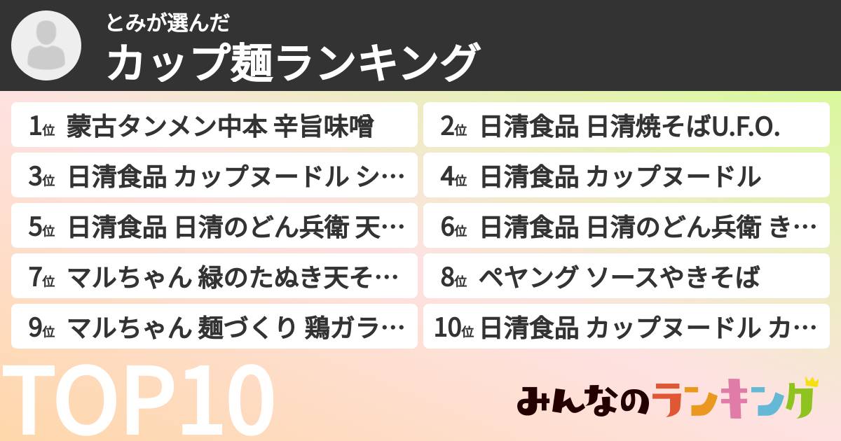 とみさんの「カップ麺・カップラーメンランキング」