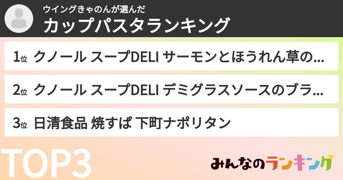 ウイングきゃのんさんの「カップパスタランキング」