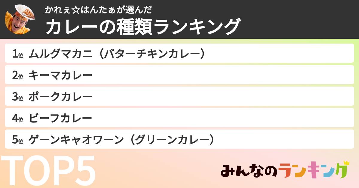かれぇ☆はんたぁさんの「カレーの種類ランキング」