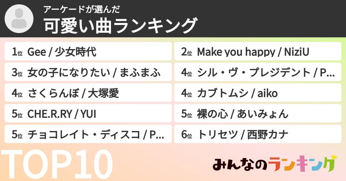 アーケードさんの「可愛い曲ランキング」