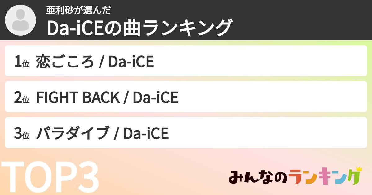 亜利砂さんの「Da-iCEの曲ランキング」