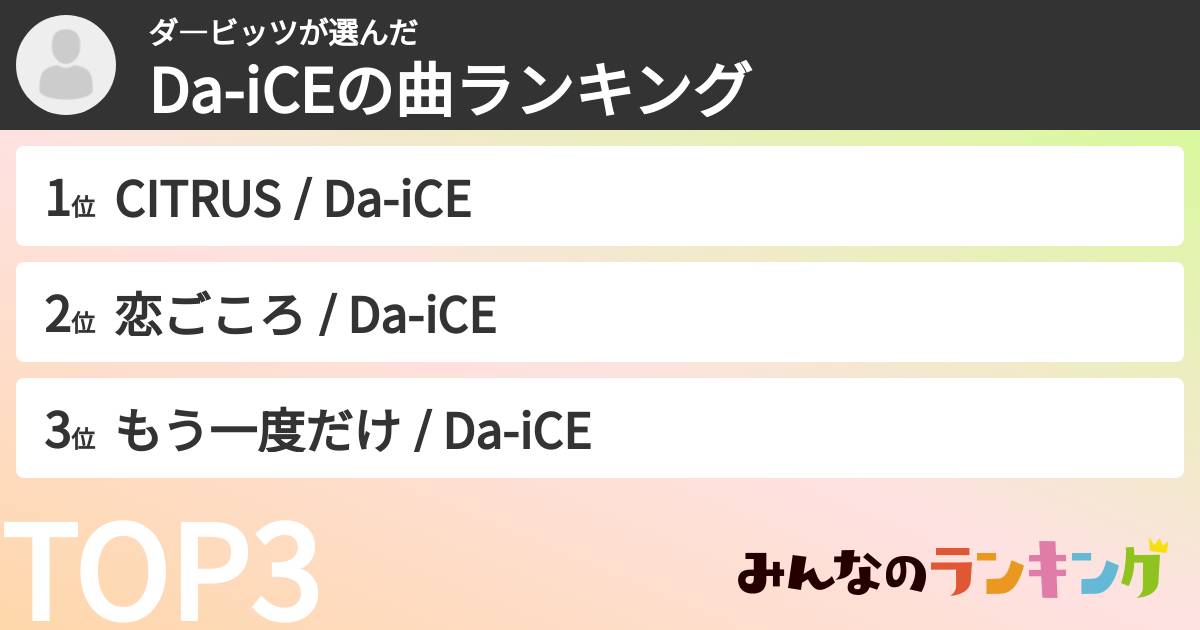ダ―ビッツさんの「Da-iCEの曲ランキング」