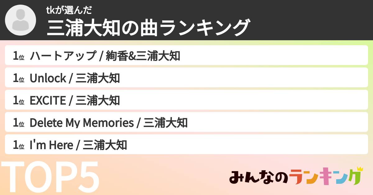 tkさんの「三浦大知の曲ランキング」