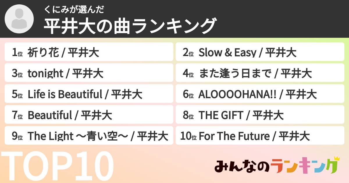 くにみさんの「平井大の曲ランキング」