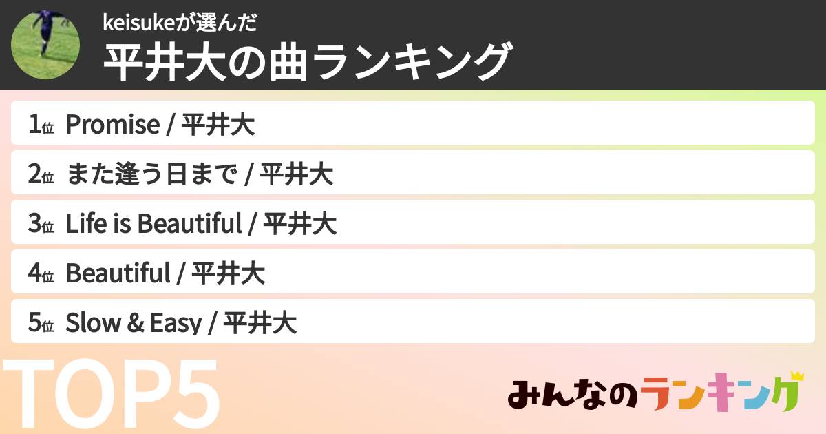 keisukeさんの「平井大の曲ランキング」