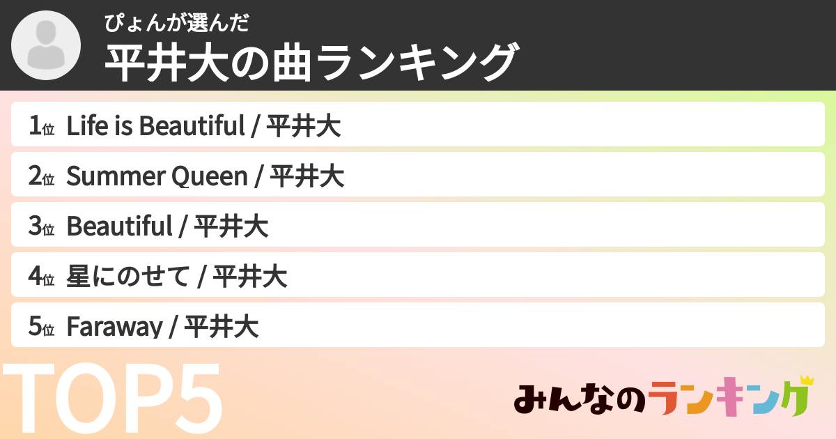 ぴょんさんの「平井大の曲ランキング」