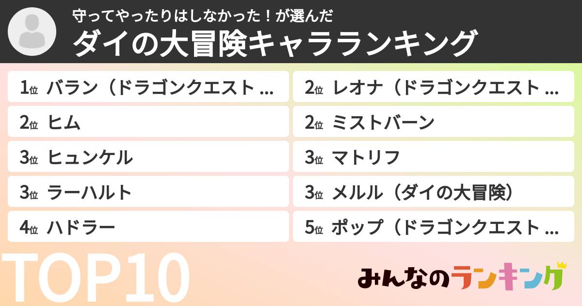 守ってやったりはしなかった！さんの「ダイの大冒険キャラランキング」