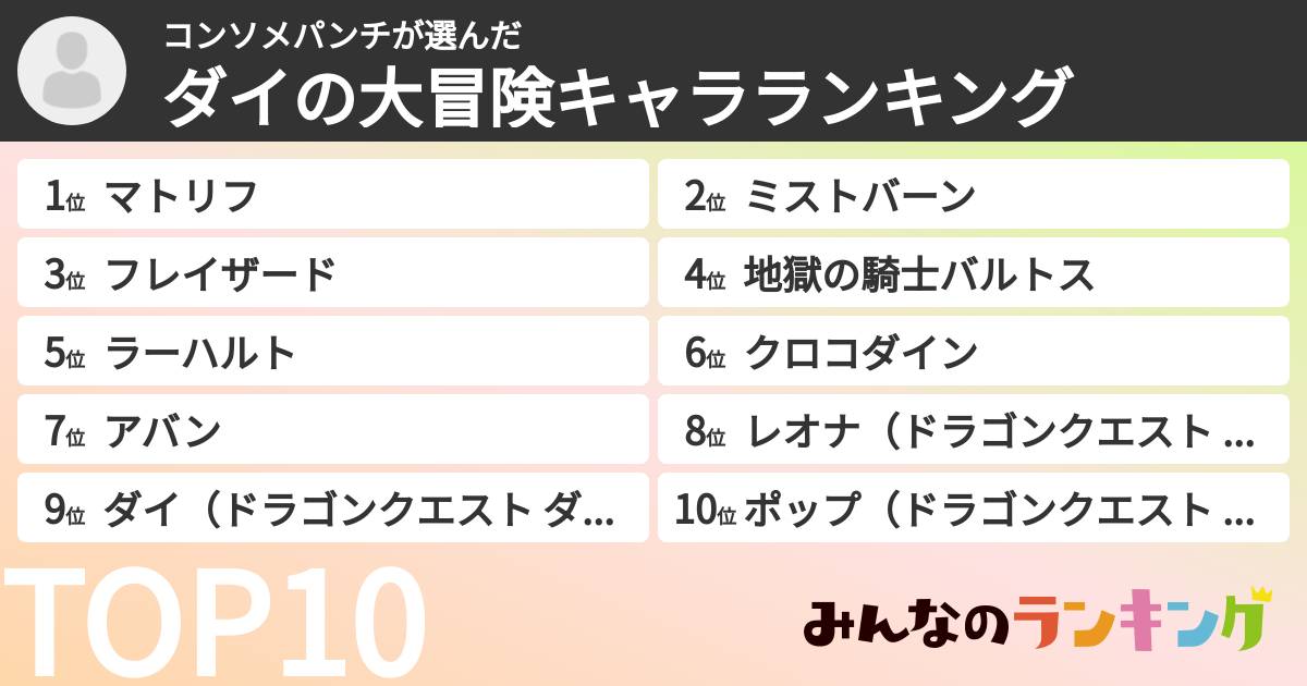 コンソメパンチさんの「ダイの大冒険キャラランキング」