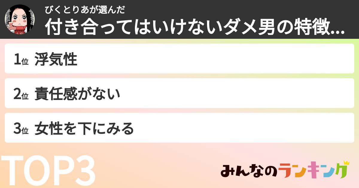 びくとりあさんの「付き合ってはいけないダメ男の特徴ランキング」