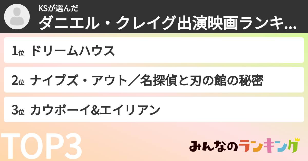 KSさんの「ダニエル・クレイグ出演映画ランキング」