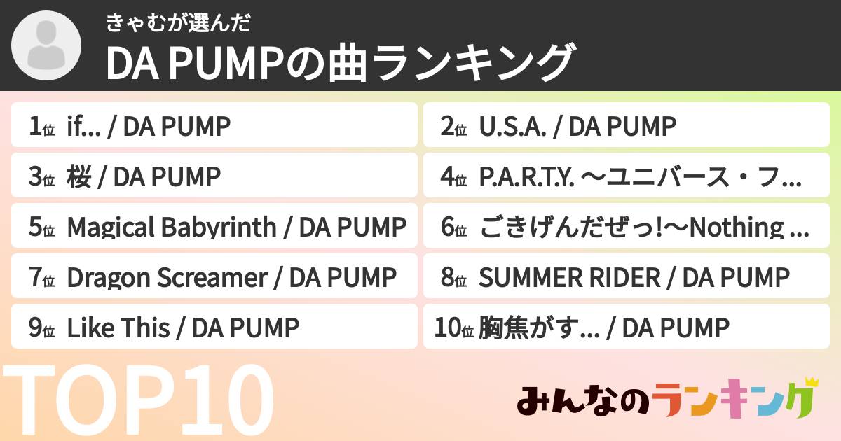 きゃむさんの「DA PUMPの曲ランキング」
