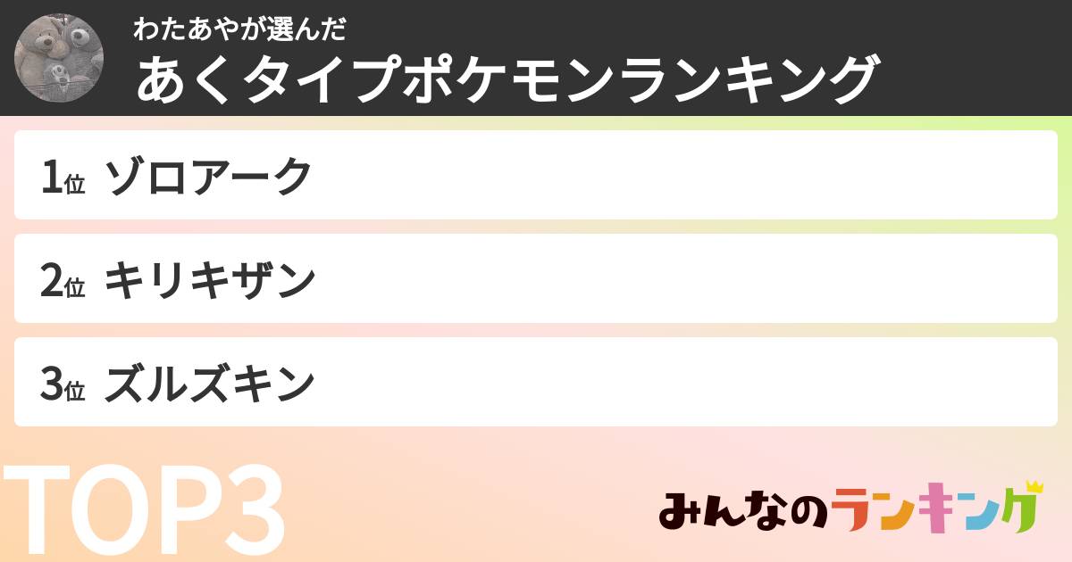 わたあやさんの「あくタイプポケモンランキング」