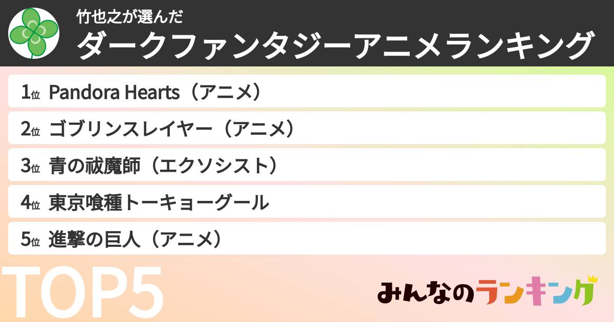 竹也之さんの「ダークファンタジーアニメランキング」