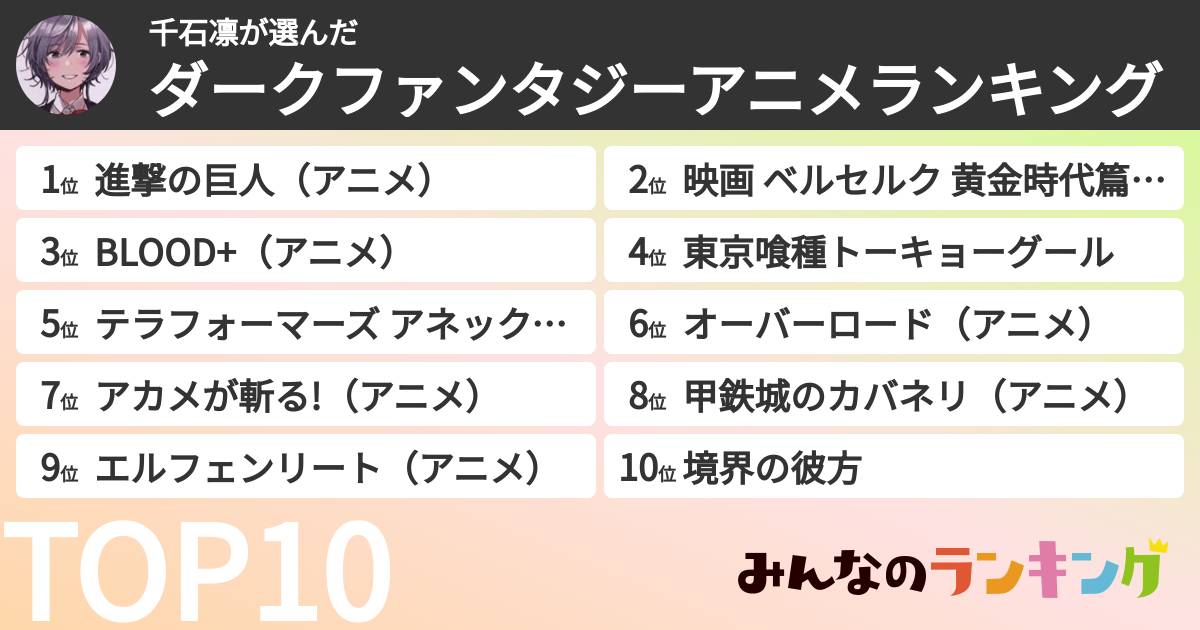 千石凛さんの「ダークファンタジーアニメランキング」