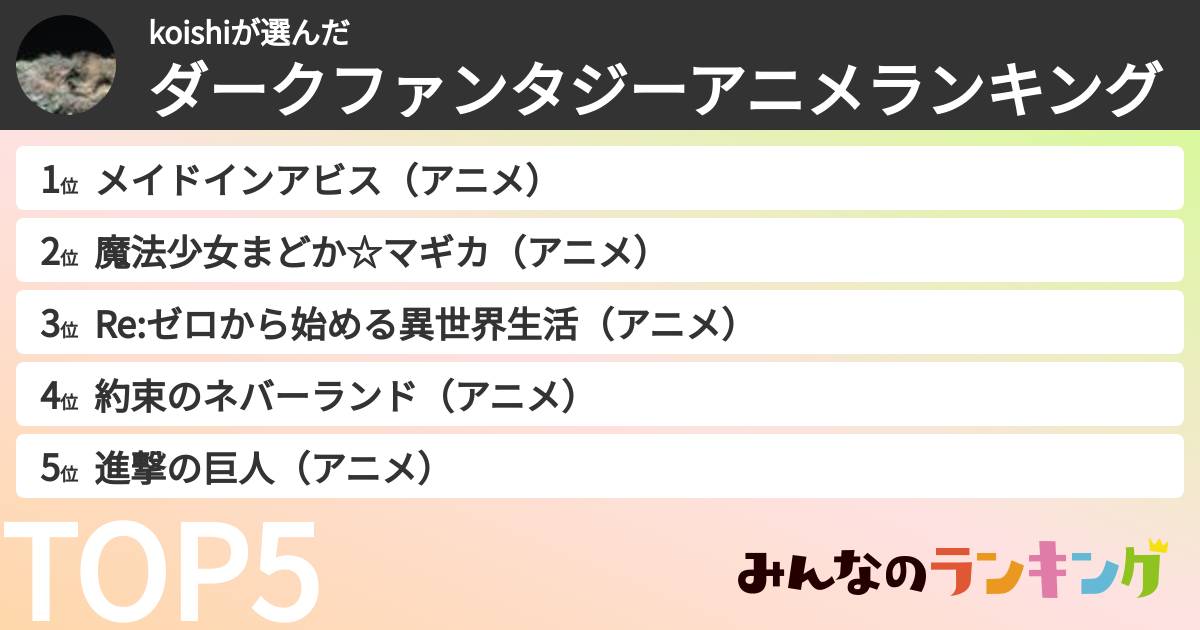 koishiさんの「ダークファンタジーアニメランキング」