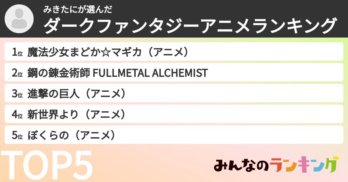みきたにさんの「ダークファンタジーアニメランキング」
