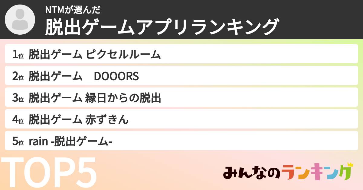 NTMさんの「脱出ゲームアプリランキング」