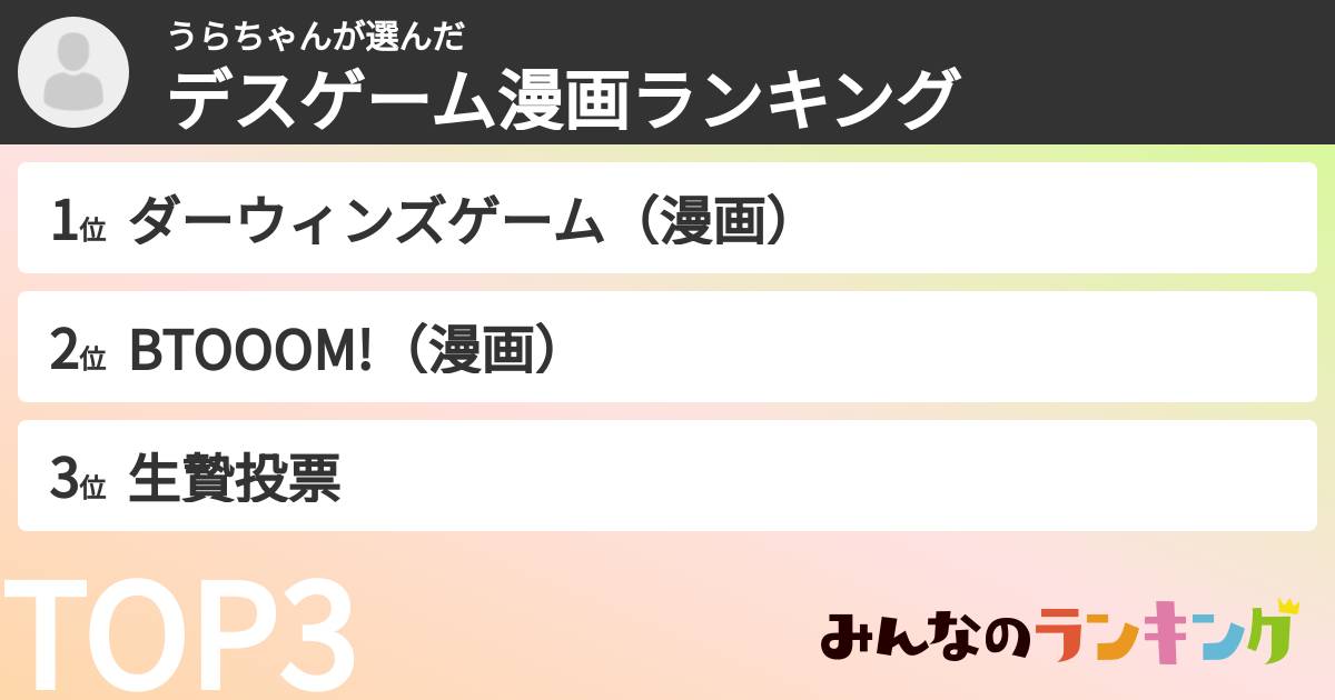 うらちゃんさんの「デスゲーム漫画ランキング」