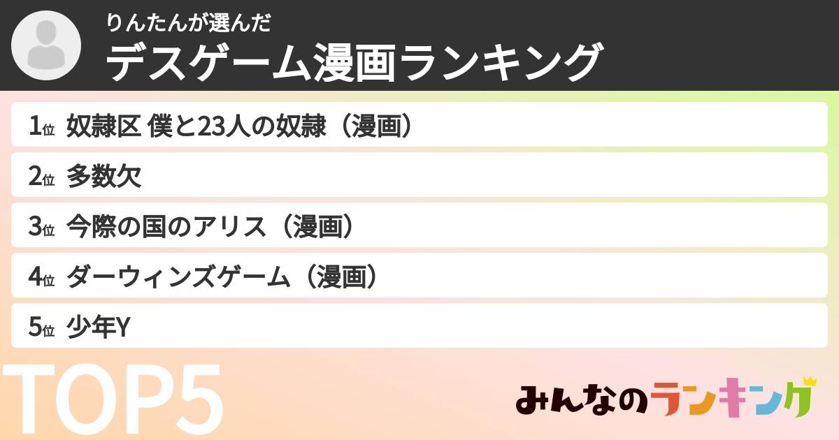 りんたんさんの「デスゲーム漫画ランキング」