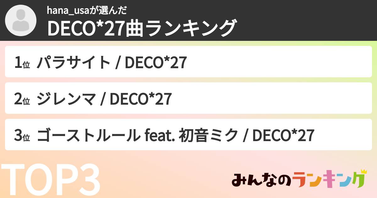 hana_usaさんの「DECO*27曲ランキング」