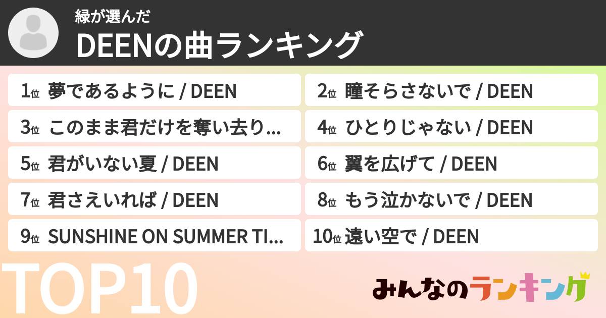 緑さんの「DEENの曲ランキング」