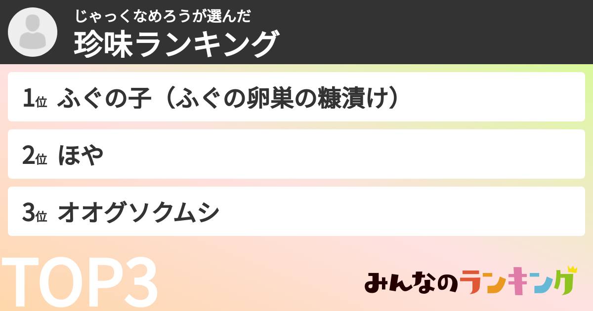 じゃっくなめろうさんの「珍味ランキング」
