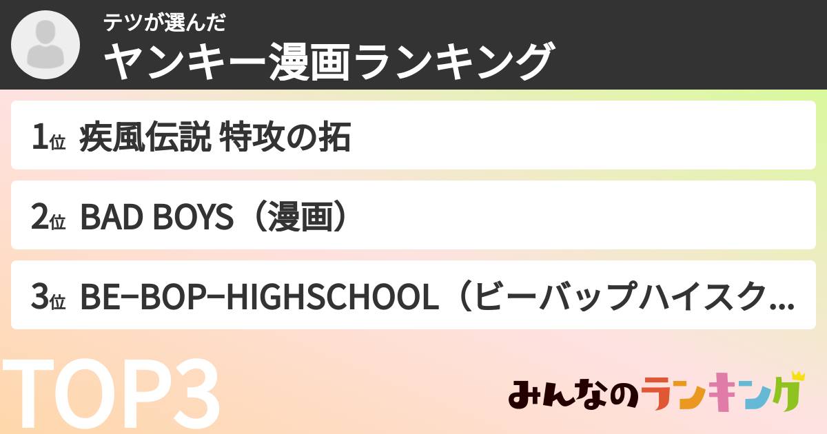 テツさんの「ヤンキー漫画ランキング」
